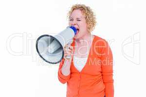 Pretty blonde speaking into megaphone