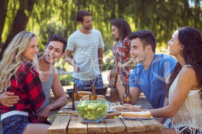 Happy friends in the park having lunch