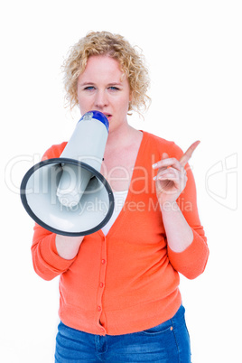 Pretty blonde speaking into megaphone