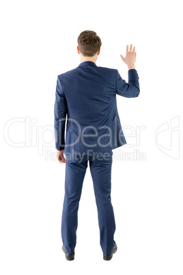 Wear view of businessman showing his hand