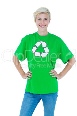 Blonde wearing a recycling tshirt