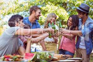 Happy friends in the park having lunch