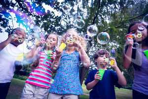 Children playing with bubble wand in the park