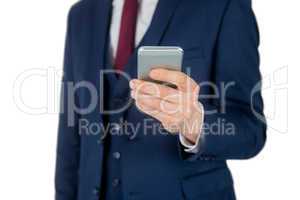 Close up view of businessman holding smartphone