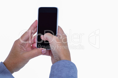 Hand of woman touching smartphone