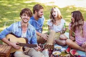 Happy friends in the park having picnic