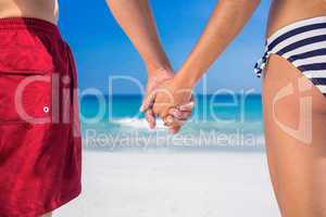 Rear view of couple holding hands at the beach