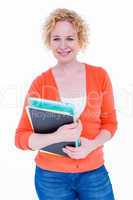 Happy pretty blonde holding notebook