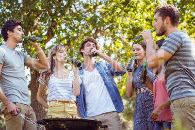 Happy friends in the park having barbecue