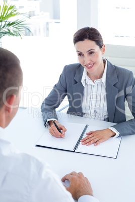 Businesswoman conducting an interview with businessman