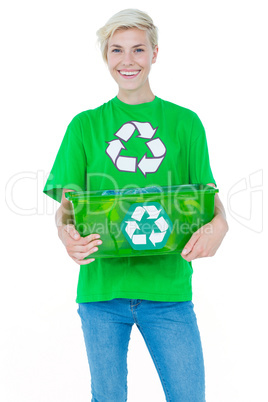 Blonde wearing a recycling tshirt holding recycle box
