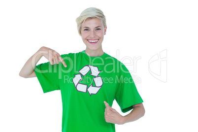 Blonde pointing her recycling tshirt