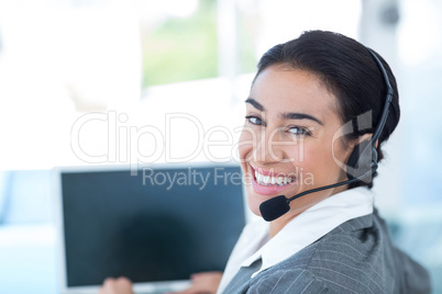 Businesswoman wearing a work headset