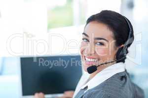 Businesswoman wearing a work headset