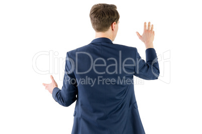 Wear view of businessman showing his hand