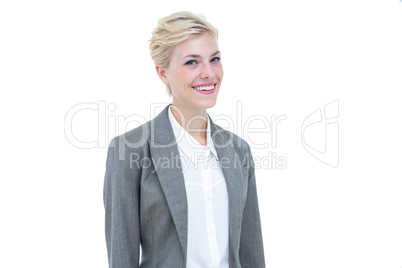 Businesswoman smiling on a white background