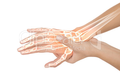 Highlighted bones of woman with hand pain