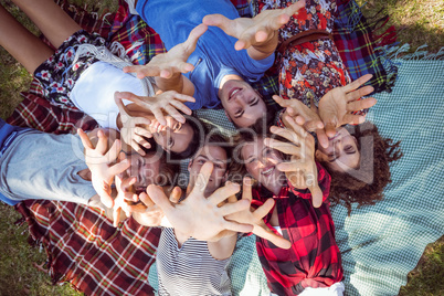 Happy friends in the park having picnic