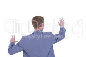 Back turned businessman gesturing with hands