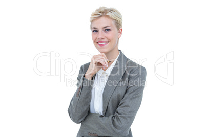 Businesswoman smiling on a white background