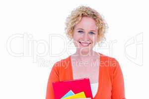 Happy pretty blonde holding notebook