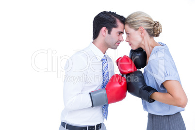 Business people wearing and boxing red gloves