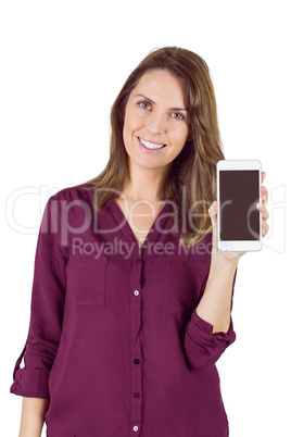 Pretty brunette showing smartphone