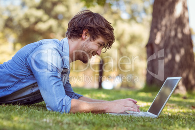 handsome hipster using laptop in park