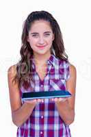 Happy pretty brunette showing tablet computer