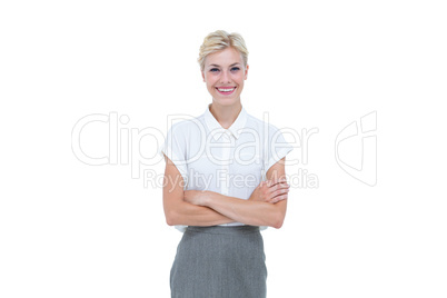 Businesswoman smiling on a white background