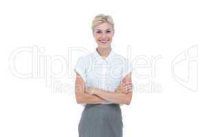 Businesswoman smiling on a white background