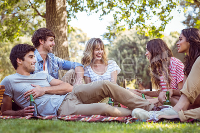 Happy friends in the park having picnic