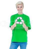 Blonde wearing a recycling tshirt gesturing thumbs up