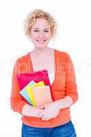 Happy pretty blonde holding notebook