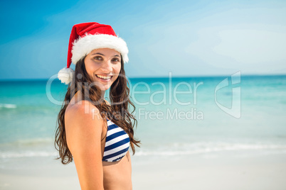 Pretty brunette in santa hat looking at camera Pretty brunette in santa hat looking at camera