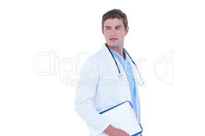 Thinking young nurse in blue tunic