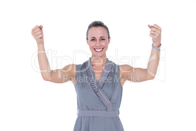 Businesswoman gesturing with raised arms