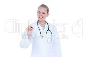 Happy doctor holding pen