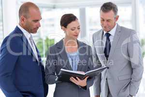 Businesswoman showing her notes to her colleagues