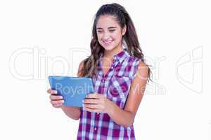 Happy pretty brunette using tablet computer