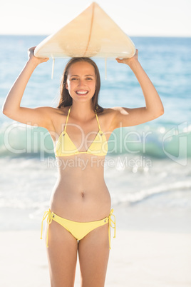 Pretty brunette holding surf board