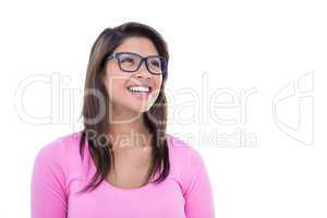 Smiling brunette wearing glasses and looking away