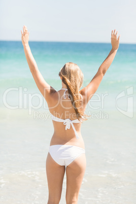 Wear view of woman looking at the sea with arms rises