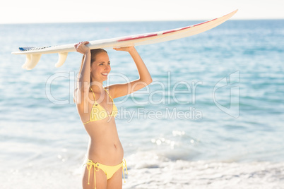 Pretty brunette holding surf board
