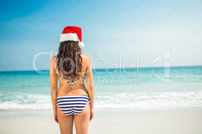 Rear view of pretty brunette in santa hat at the beach