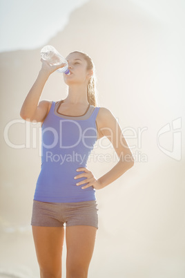 Beautiful fit brunette drinking water