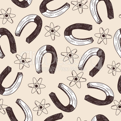 Magnets and atom seamless doodle pattern