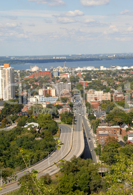 Downtown Hamilton with lake.