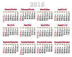 calendar for 2016 in English and French