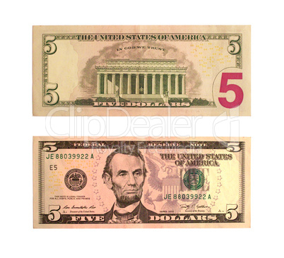 United States five-dollar bill isolated